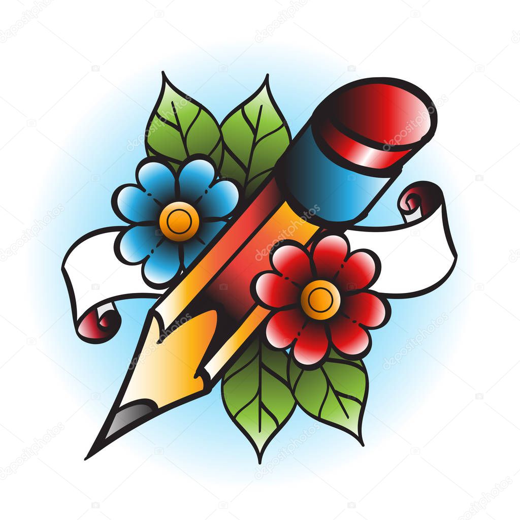 Pencil with flowers and banner-ribbon illustration in the style of an old school tattoo.