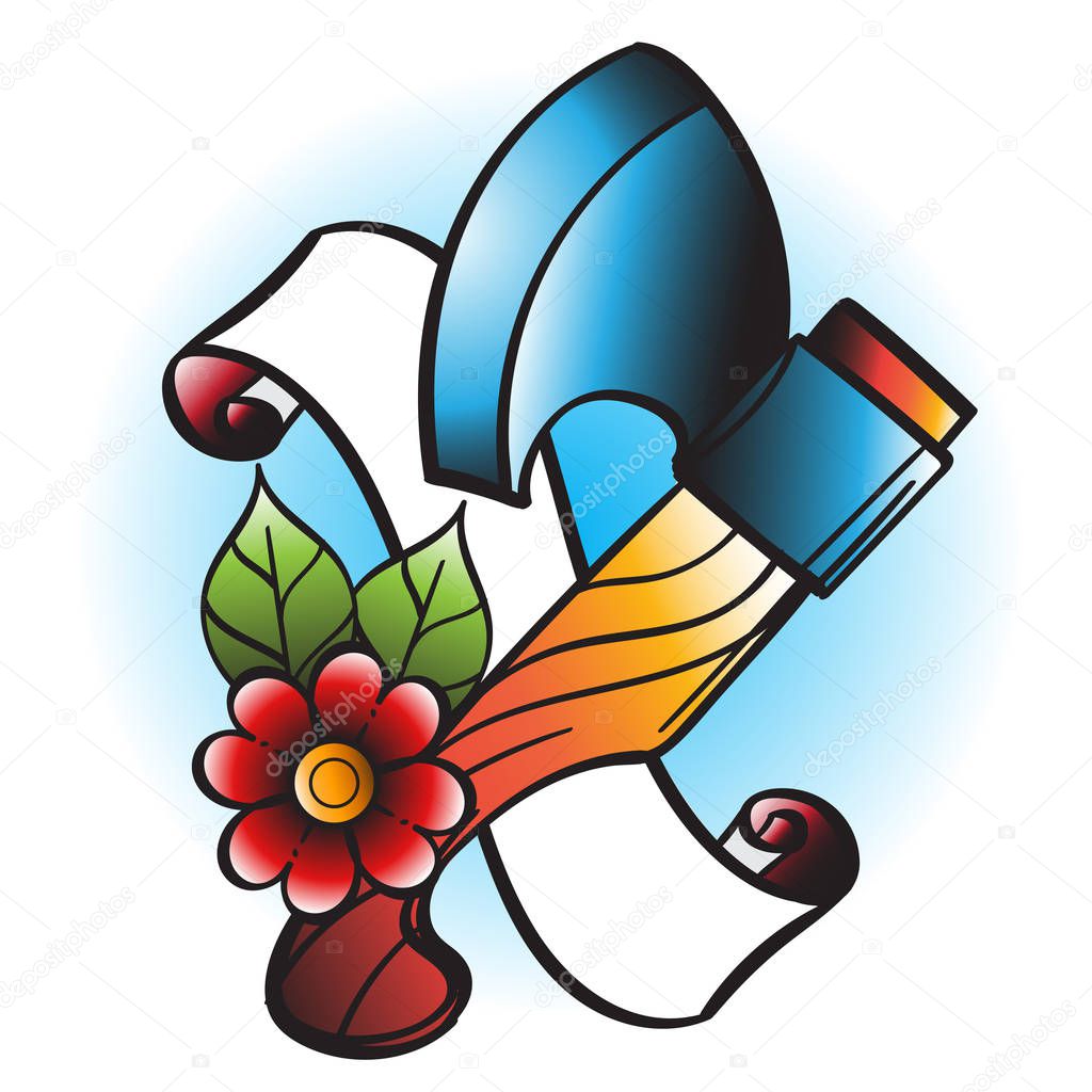 Ax, flower and banner-ribbon illustration in the style of an old school tattoo.