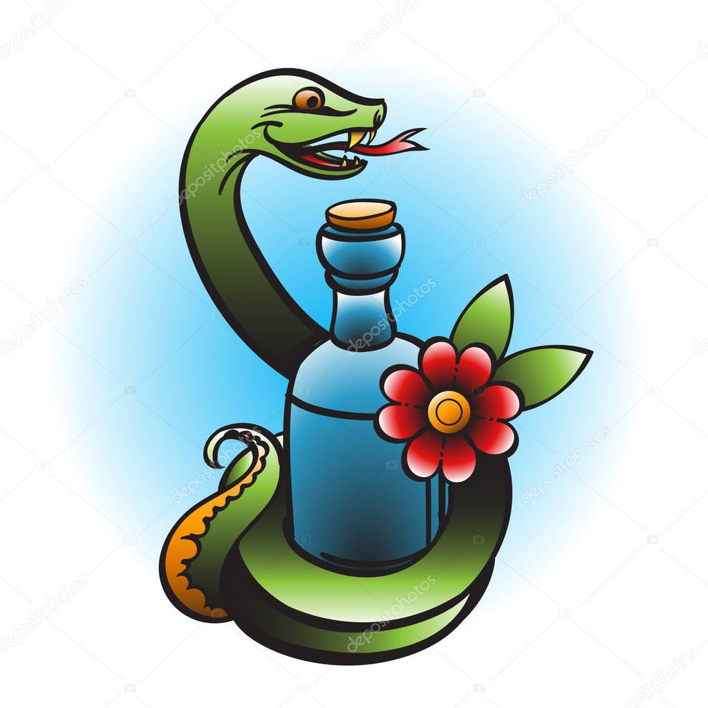 Bottle and snake illustration in the style of old school tattoos.