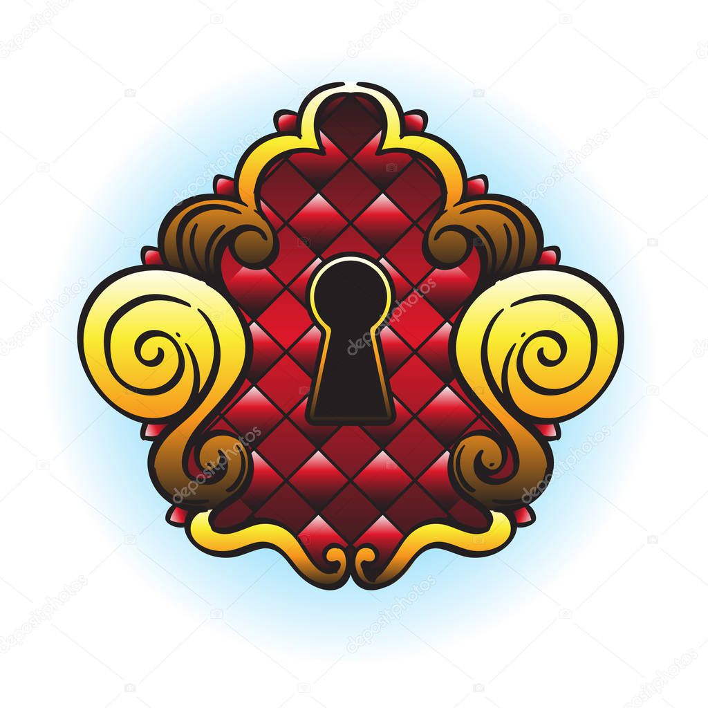 Keyhole with red and gold decor illustration in the style of an old school tattoo.
