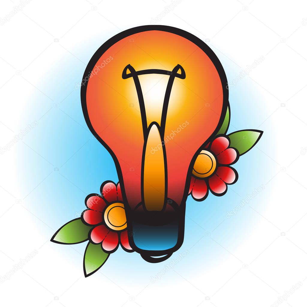 Electric bulb and flowers illustration in old school style tattoos.