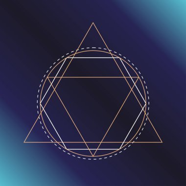 Kutsal geometri sembolü. Simya, din, felsefe, Astroloji ve maneviyat Temalar. Vektör çizim posterler, Web siteleri, gravür ve çok daha fazlası için koyu mavi zemin üzerine.