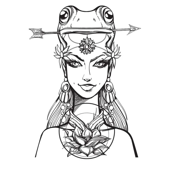 カエル マスクを持つ美しい少女 プリンセスのカエル おとぎ話の文字 白い背景で隔離のアウトライン ベクトル図 — ストックベクタ