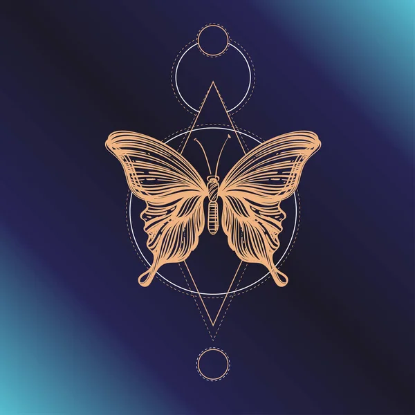 Vlinder Met Heilige Geometrie Symbolen Overzicht Vectorillustratie Donker Blauwe Achtergrond — Stockvector