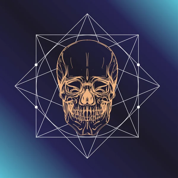 Menschlicher Schädel Mit Heiligen Geometrischen Symbolen Umrissvektorillustration Auf Dunkelblauem Hintergrund — Stockvektor