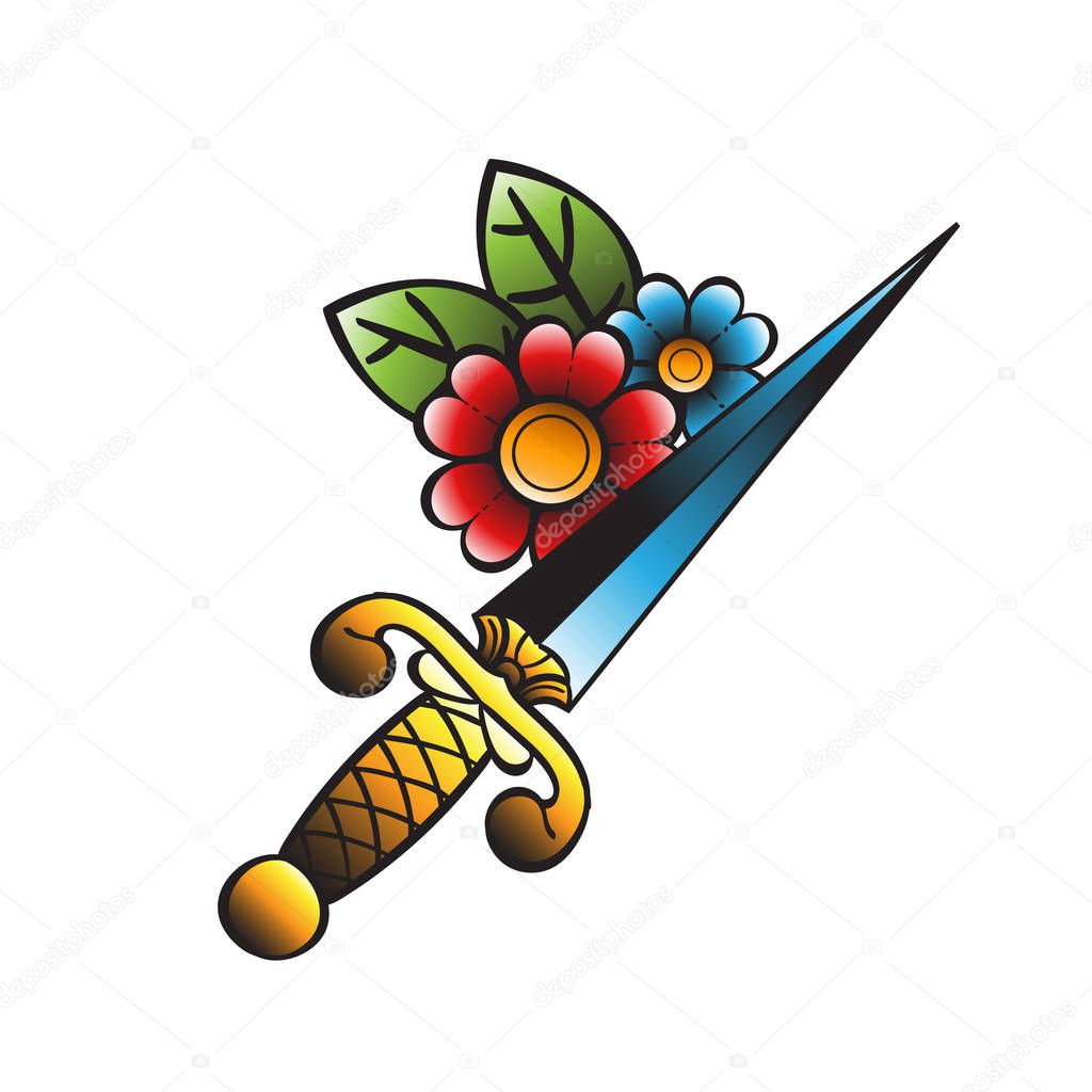A sharp dagger and flowers illustration of an old school tattoo style.