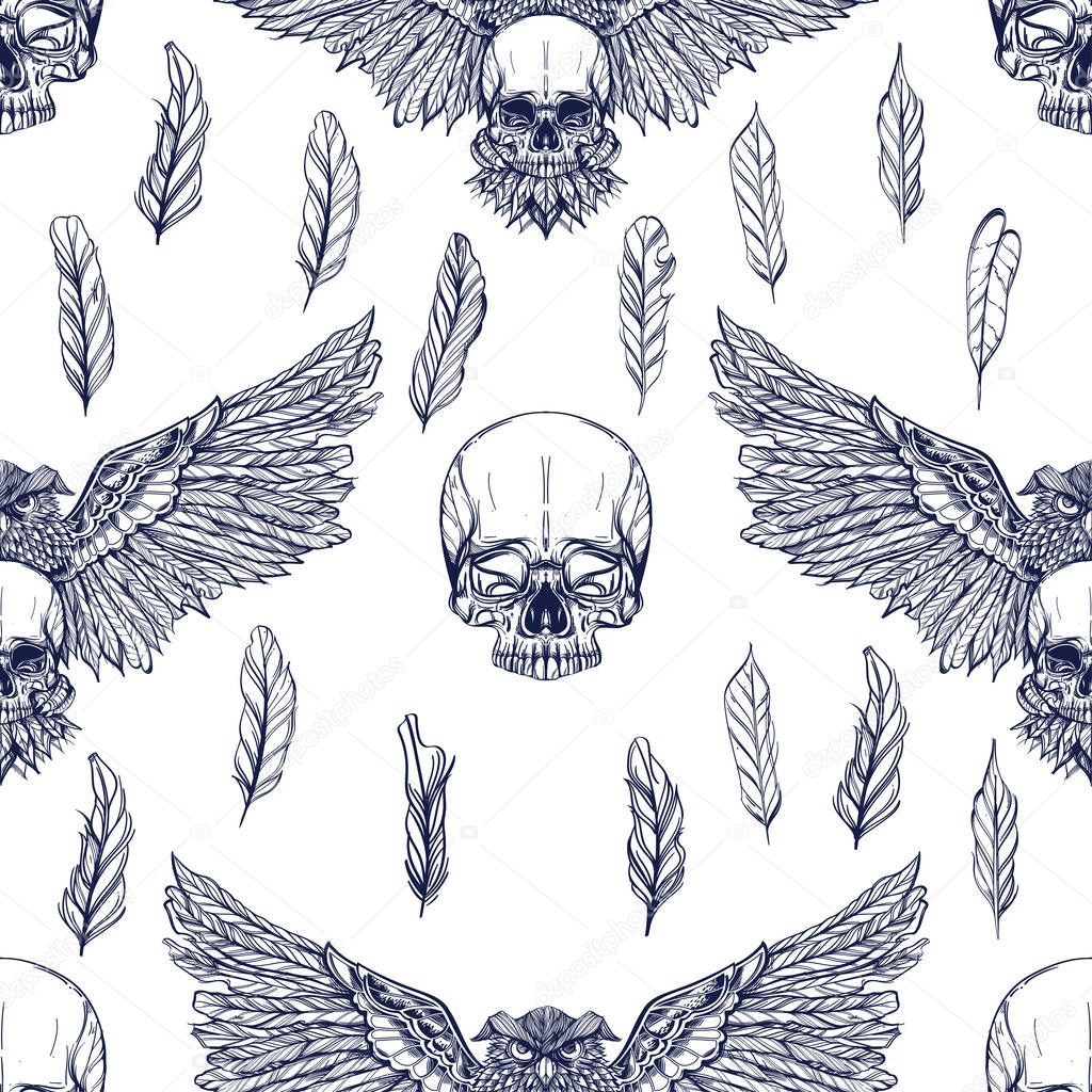 Vector Pattern from human skull, owl and feathers. Monochrome vector Illustration isolated on white background