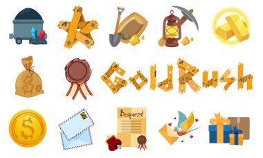 Gold rush set of emblems for the design of the board game, forum, stickers. clipart