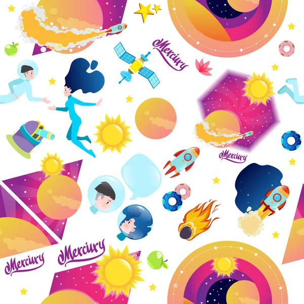 Seamless pattern on the space theme. Astronauts, planets and stars of the Solar system. Mercury.