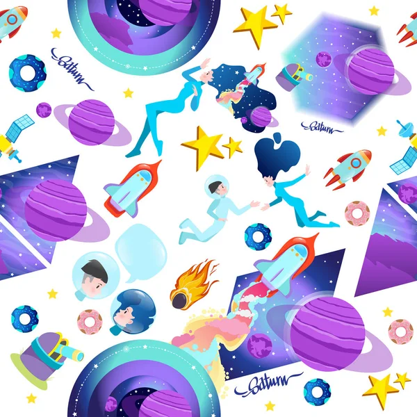 Seamless pattern on the space theme. Astronauts, planets and stars of the Solar system. Saturn.