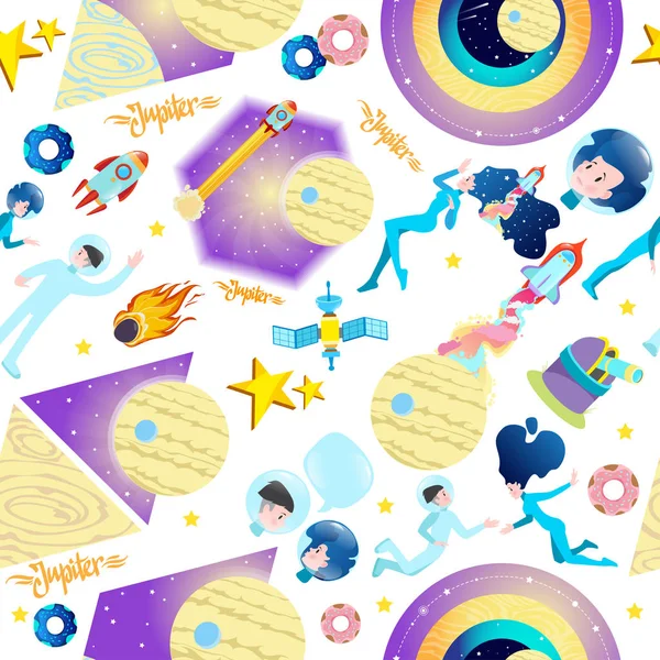 Seamless pattern on the space theme. Astronauts, planets and stars of the Solar system. Jupiter.