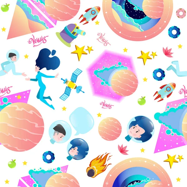 Seamless pattern on the space theme. Astronauts, planets and stars of the Solar system. Venus.