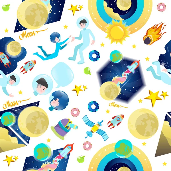 Seamless pattern on the space theme. Astronauts, planets and stars of the Solar system. Moon.