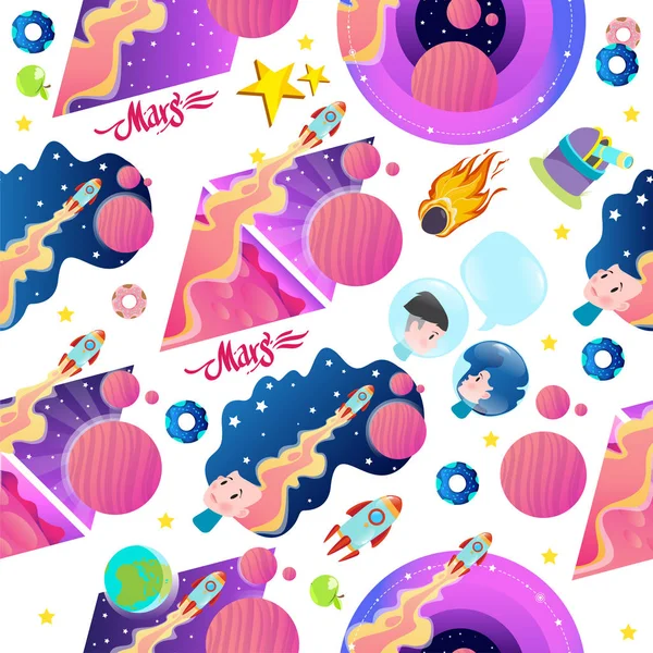 Seamless pattern on the space theme. Astronauts, planets and stars of the Solar system. Mars.