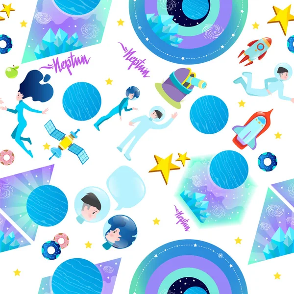Seamless pattern on the space theme. Astronauts, planets and stars of the Solar system. Neptune.