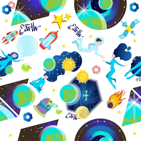 Seamless pattern on the space theme. Astronauts, planets and stars of the Solar system. Earth.