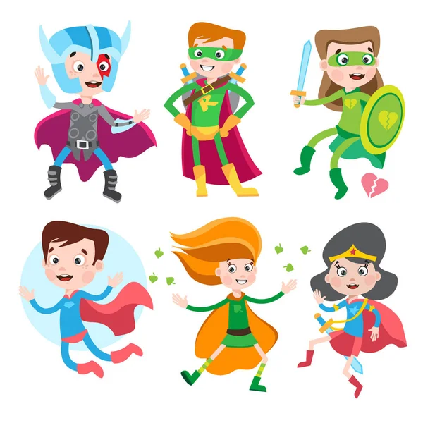 Superhero Słodkie Dzieci Kolorowe Kostiumy Zestaw Wektor Znaków Kreskówka Białym — Wektor stockowy