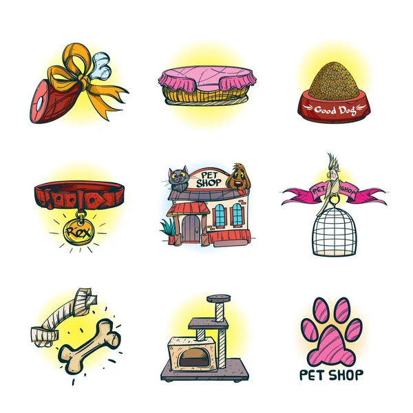 Set Icons Pet Shop Image Pets Feed Accessories — Stock Vector