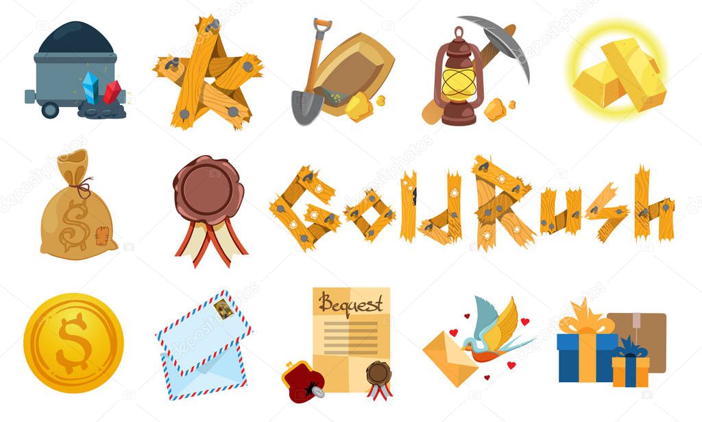 Gold rush set of emblems for the design of the board game, forum, stickers.