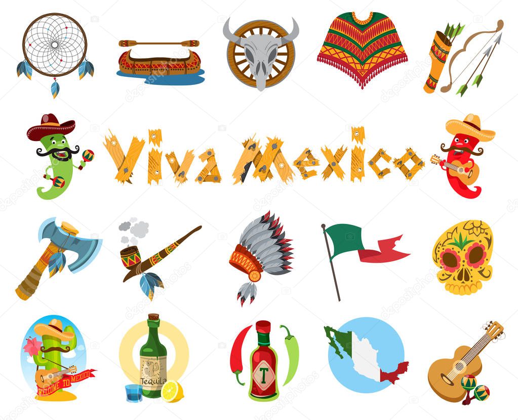 Viva Mexico set of emblems in cartoon style.