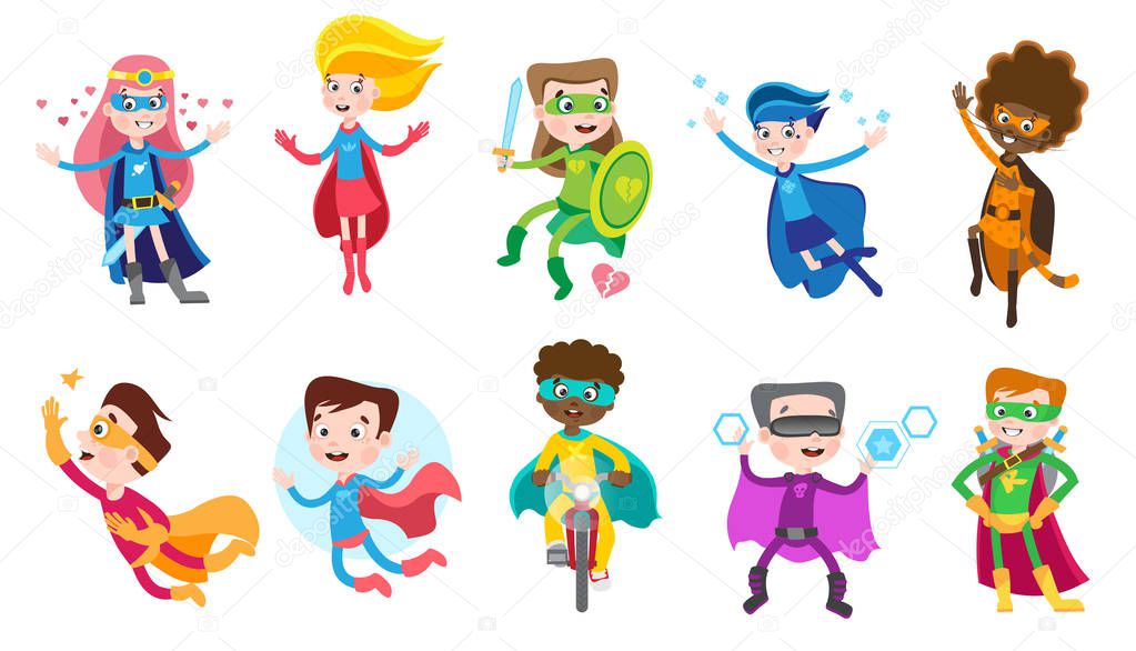 Cute superhero kids in colorful costumes. Big set of vector cartoon characters isolated on white background.