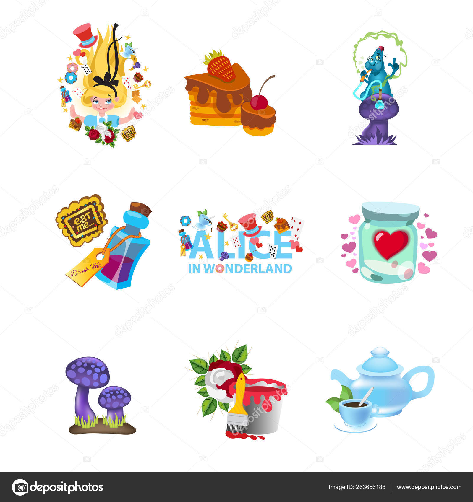 Icons with magic items from the collection of Alice characters in Wonderland.  Stock Vector by ©filkusto 263656188