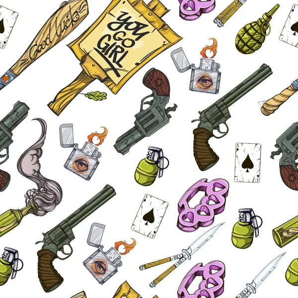 Patrón sin costuras con pistolas, nudillos de latón, granadas, cuchillos, encendedores. Estilo de tatuaje de la vieja escuela . — Vector de stock