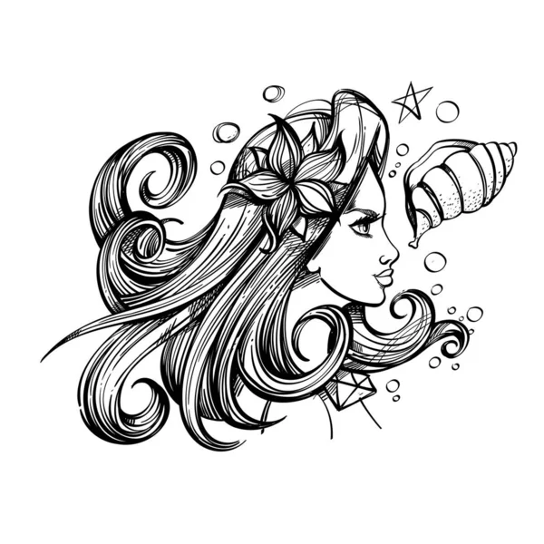 彼女の髪と貝殻に花を持つ美しい女の子。人魚や海の王女。塗り絵などのための白い背景のアウトラインベクトルイラスト. — ストックベクタ