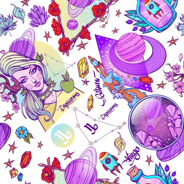 Astrology and zodiac signs fantastic seamless pattern.
