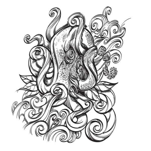 Pulpo y olas marinas. Ilustración vectorial de contorno aislada sobre fondo blanco para tatuajes, impresión en camisetas, fiesta pirata y mucho más . — Vector de stock