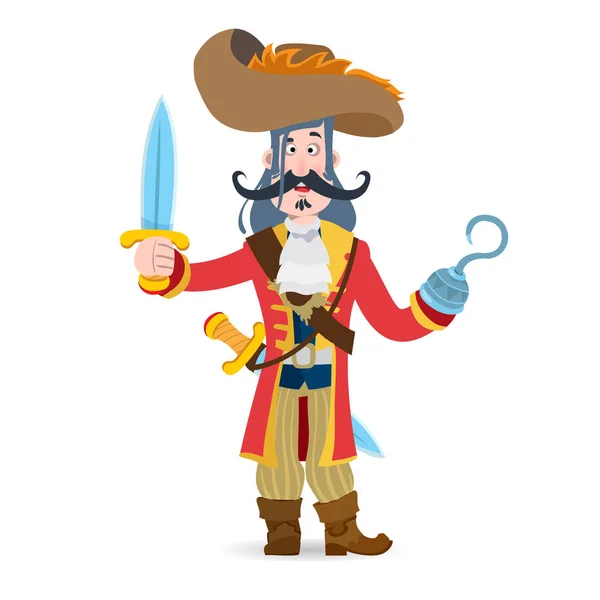 Um homem de fato de pirata com um sabre e um gancho na mão. Ilustração vetorial isolada em fundo branco para festa de piratas, jogos e muito mais . — Vetor de Stock