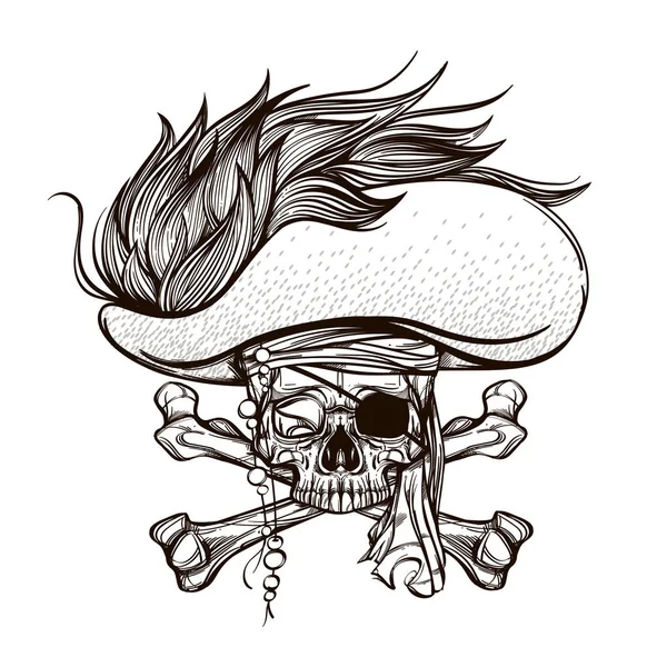 Teschio di pirata con un cappello con ossa incrociate. Illustrazione vettoriale di contorno isolata su sfondo bianco per tatuaggi, stampa su magliette, festa dei pirati e molto altro . — Vettoriale Stock