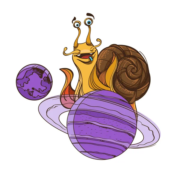 Caracol alegre en el planeta Saturno. Divertida ilustración sobre el tema del espacio. Diseño para camisetas y artículos . — Archivo Imágenes Vectoriales