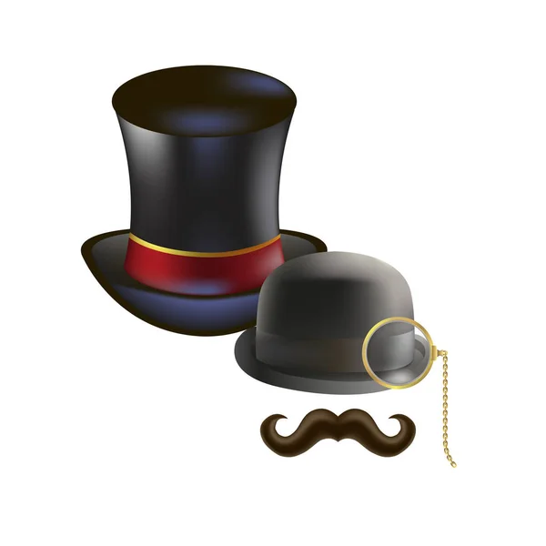Dos sombreros, bigote y monóculo de la colección de personajes de Alicia en el País de las Maravillas . — Archivo Imágenes Vectoriales