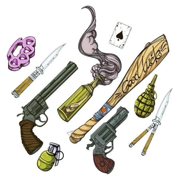 Set of hand drawn weapons. Old school tattoo collection. Vector illustration on white background. Stock Illustration