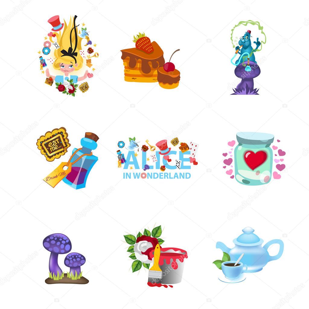 Icons with magic items from the collection of Alice characters in Wonderland.