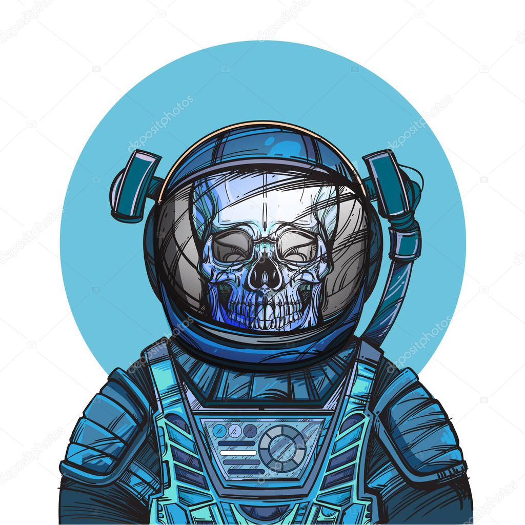 Skeleton in astronaut costume. Space pirate. Horror illustration.