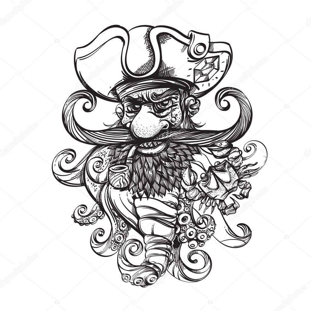Pirate octopus. Outline vector illustration isolated on white background for tattoos, print on T-shirts, pirate party and much more.