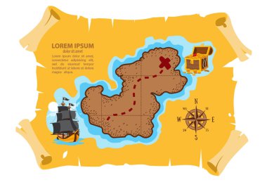 Gömülü hazine ile Adası Haritası. Korsan temalı illüstrasyon.