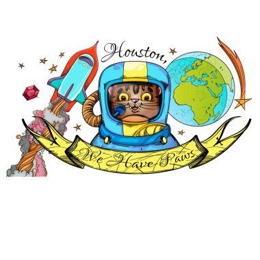 Uzay yolculuğu teması nda boyama için anahat kavramsal illüstrasyon. Kedi Astronot.