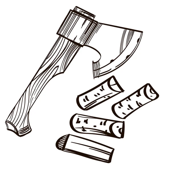 Large sharp ax with chopped firewood. Vector black and white drawing. — Stock Vector