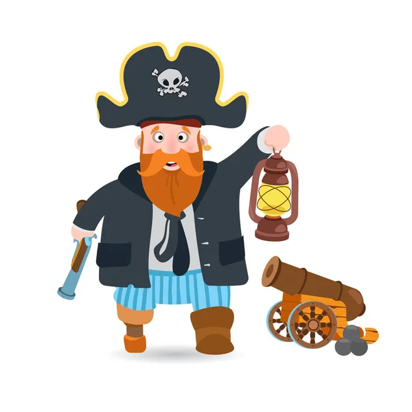Pirata com um candeeiro e uma arma na mão. Personagem de desenhos animados. Ilustração vetorial isolada em fundo branco para festa de piratas e muito mais . — Vetor de Stock