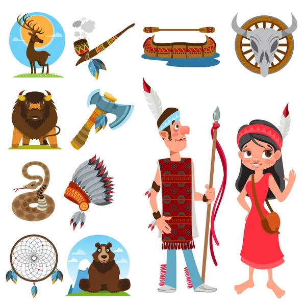 Set kleur illustraties op het thema van de Noord-Amerikaanse Indianen. — Stockvector