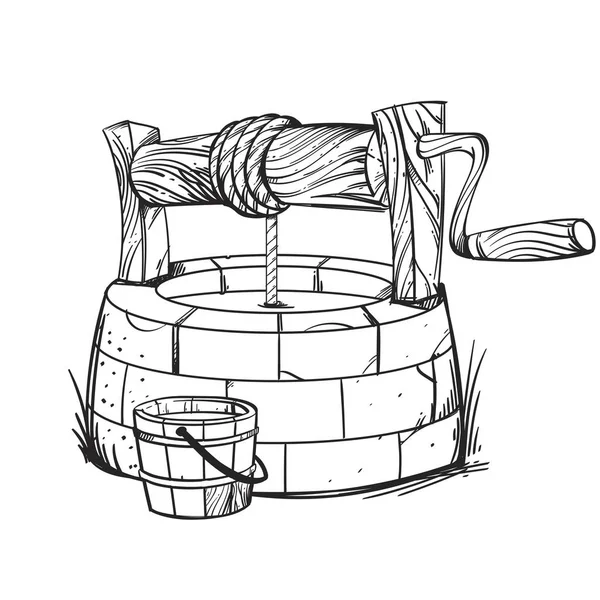 Pedra redonda bem com elementos de madeira, perto de um balde de madeira com água. Vetor imagem preto e branco . — Vetor de Stock