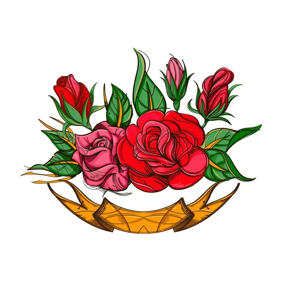 Mooie rozen met lint. Vector illustratie geïsoleerd op witte achtergrond voor tatoeages, wenskaarten en nog veel meer. — Stockvector