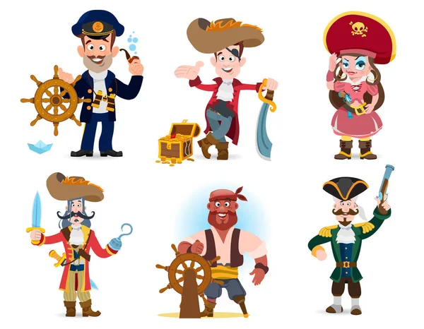 Conjunto de personagens piratas. Ilustração vetorial isolada em fundo branco para festa de piratas, jogos e muito mais . —  Vetores de Stock