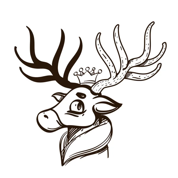 彼の頭の上に王冠を持つ大きな角を持つ鹿の形で服やロゴのためのグラフィックプリント。ベクトル白黒描画. — ストックベクタ