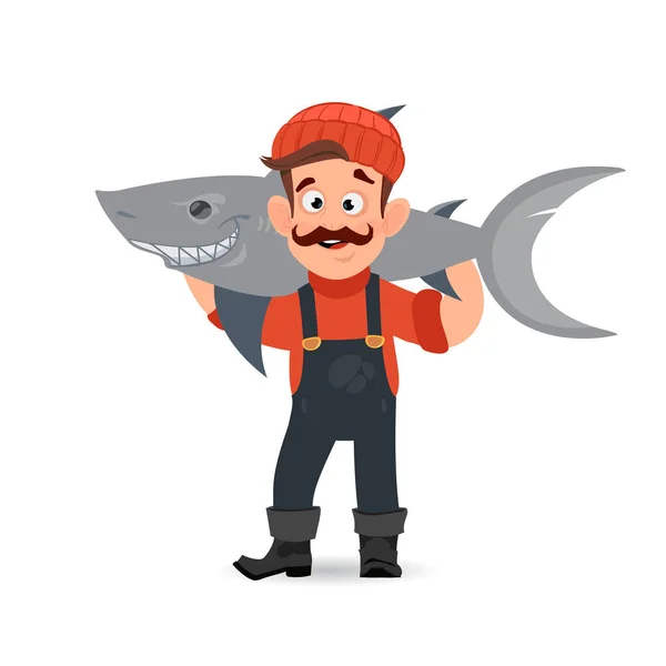 Drôle de pêcheur avec un énorme poisson. Illustration vectorielle isolée sur fond blanc pour fête de pirates, jeux et bien plus encore . — Image vectorielle