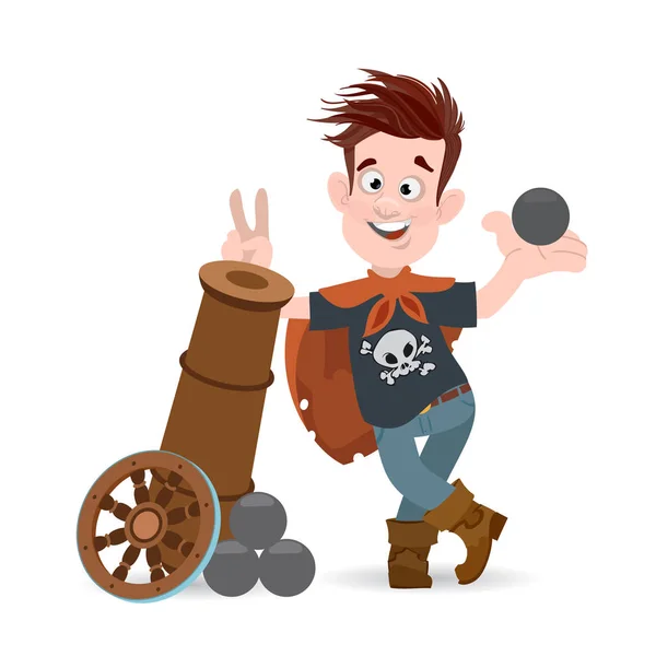 Um rapaz de fato de pirata está perto de um canhão. Ilustração vetorial isolada em fundo branco para festa de piratas e muito mais . — Vetor de Stock