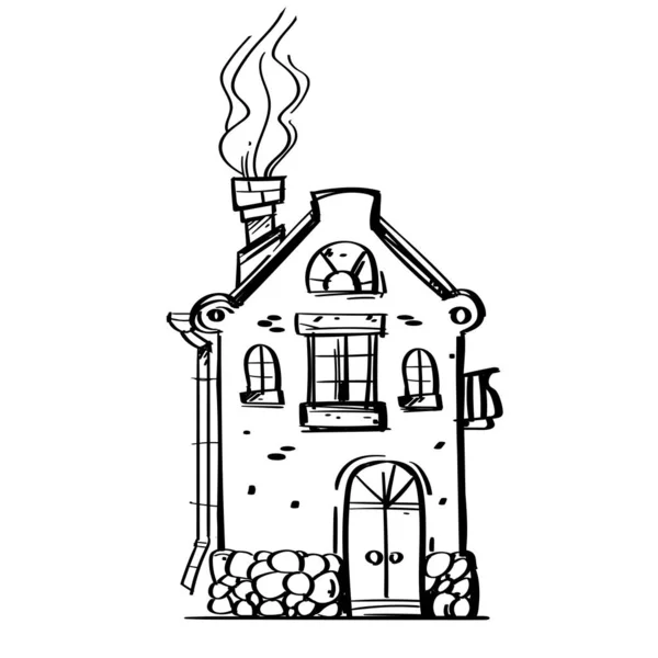 バルコニー付きの居心地の良い家で、煙突から煙が出ています。ベクトル白黒描画. — ストックベクタ
